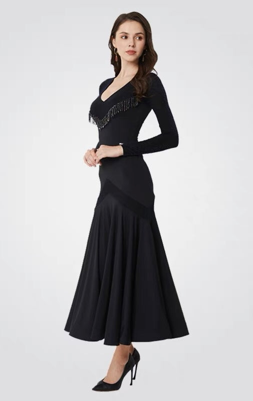 Long Sleeved Sequined V Front Dress